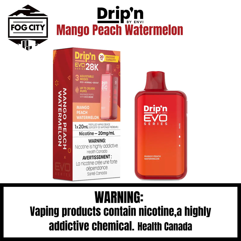 Drip's EVO Disposable Vape 28K Puffs with Eco Mode Mango Peach Watermelon Flavor - Tropical Fruit Blend with Rich Flavor, Available at Fog City Vape
