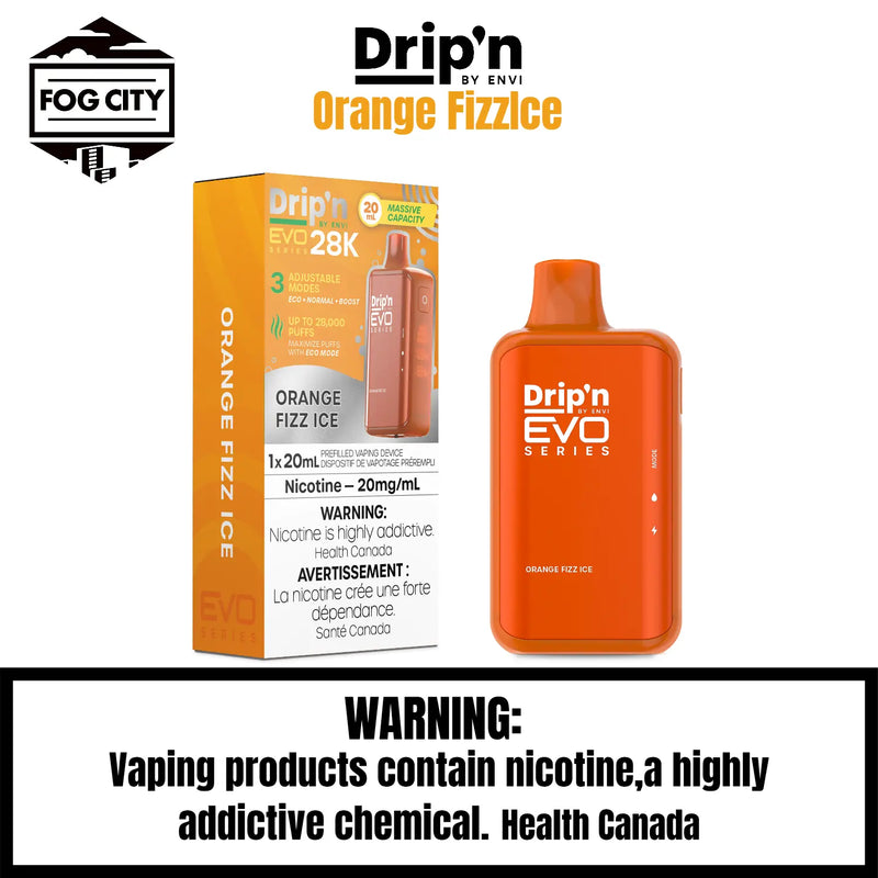 Drip's EVO Disposable Vape 28K Puffs with Eco Mode Orange Fizz Ice Flavor - Zesty Orange Soda with a Cool Icy Touch, Available at Fog City Vape