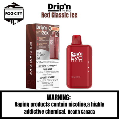 Drip's EVO Disposable Vape 28K Puffs with Eco Mode Red Classic Ice Flavor - Classic Fruity Taste with a Cool Icy Finish, Available at Fog City Vape