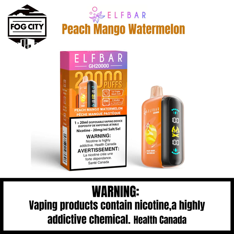 Elf Bar GH20K Disposable Vape 20K Puffs Peach Mango Watermelon Flavor - High Puff Count, Fruity and Flavorful, Available at Fog City Vape