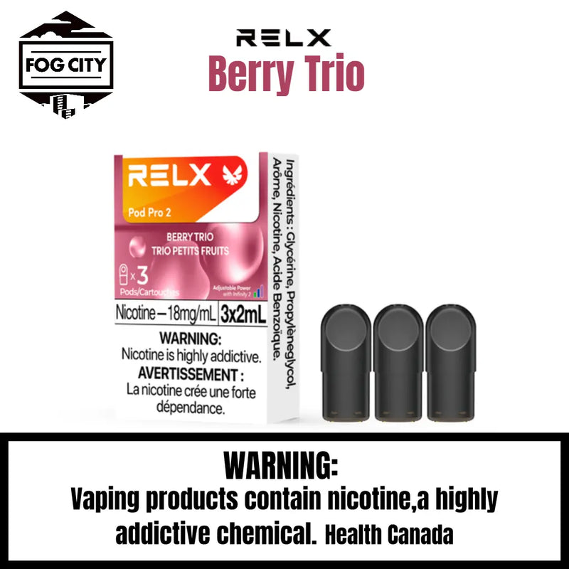 Relx Pod Por 2 Pod System Vape 3 Pods in Box Berry Trio Flavor - Variety of Flavors, Easy to Carry, Available at Fog City Vape
