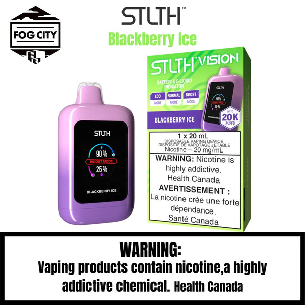 STLTH VISION 20K Puffs with ECO Mode Disposable Vape Blackberry Ice Flavor - Cool LED Screen, Rich Fruity Flavor, Available at Fog City Vape