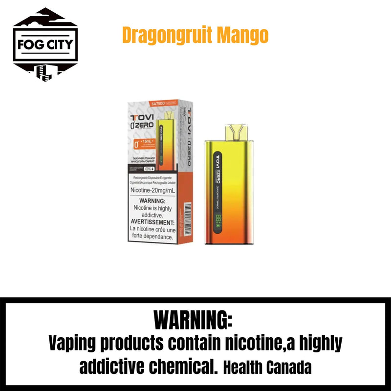 Tovi Zero SA7500 Disposable Vape 7500 Puffs Dragongruit Mango Flavor - LED Screen with Juice and Battery Display, Icy Cool, Available at Fog City Vape