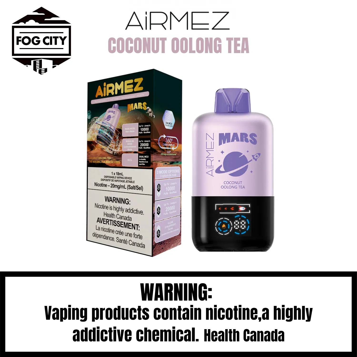 AirMez Mars 20K Puffs with ECO Mode Disposable Vape Coconut Oolong Tea Flavor - Cool LED, Authentic Flavor, Available at Fog City Vape