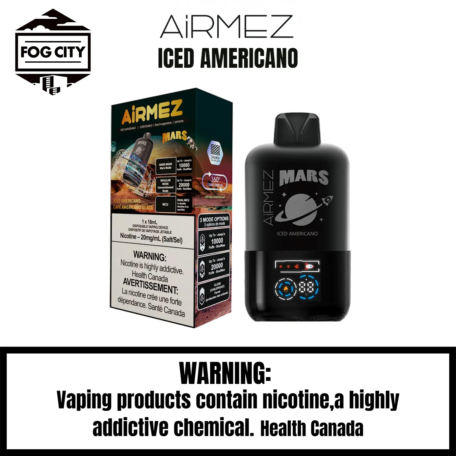 AirMez Mars 20K Puffs with ECO Mode Disposable Vape Ice Americano Flavor - Cool LED, Authentic Flavor, Available at Fog City Vape