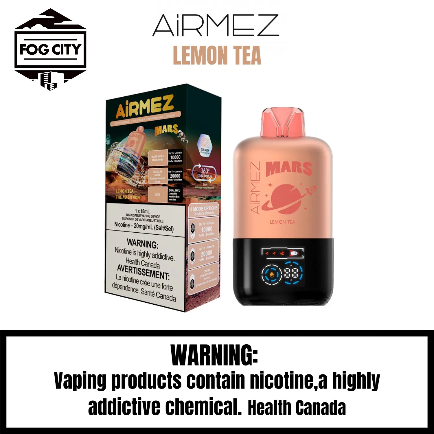AirMez Mars 20K Puffs with ECO Mode Disposable Vape Lemon Tea Flavor - Cool LED, Authentic Flavor, Available at Fog City Vape