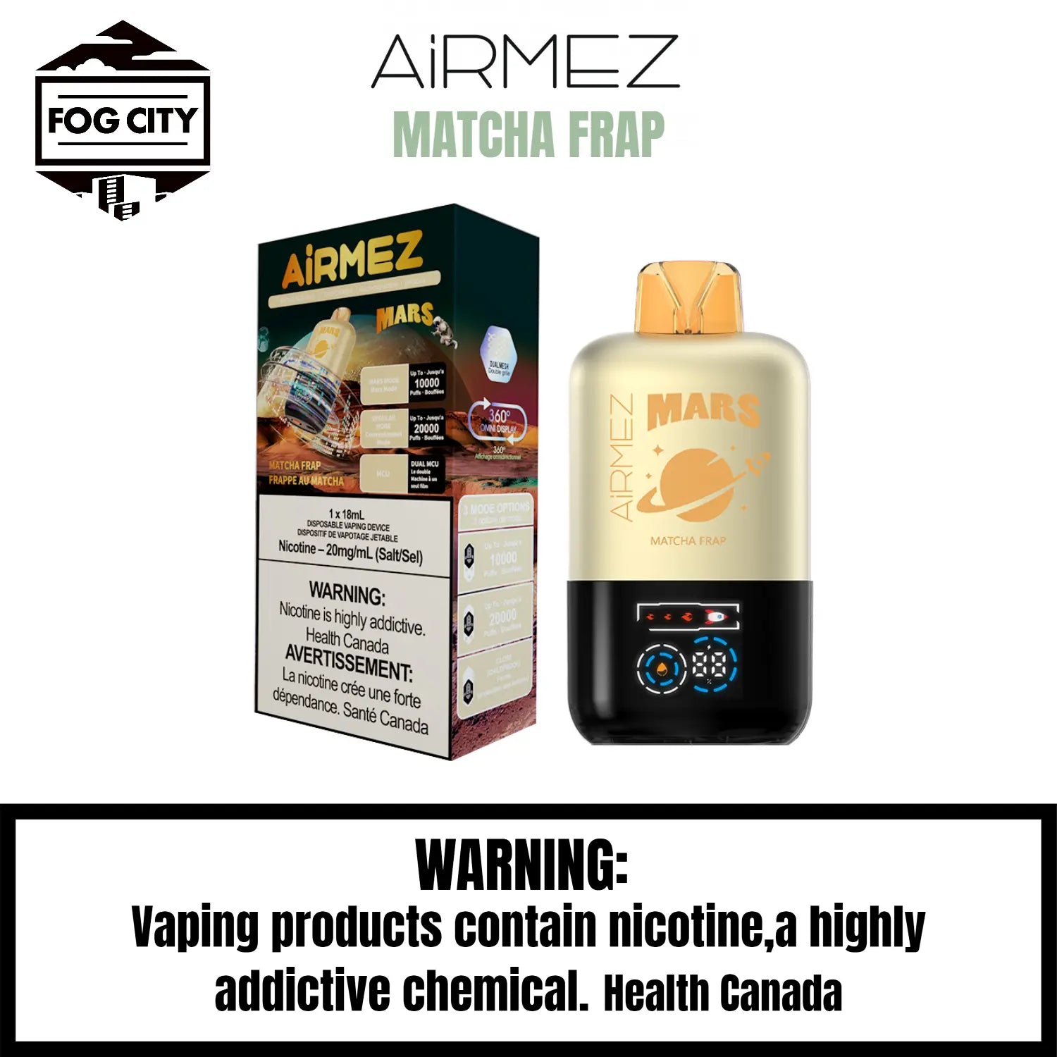 AirMez Mars 20K Puffs with ECO Mode Disposable Vape Matcha Frap Flavor - Cool LED, Authentic Flavor, Available at Fog City Vape