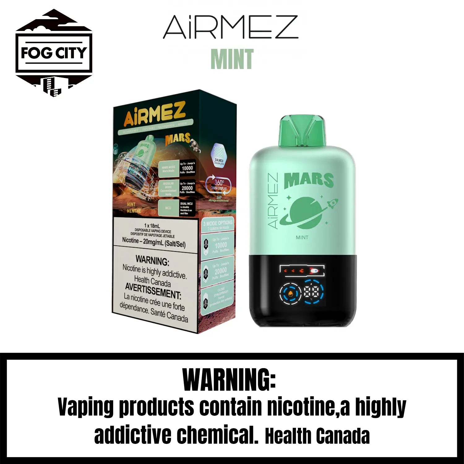 AirMez Mars 20K Puffs with ECO Mode Disposable Vape Mint Flavor - Cool LED, Authentic Flavor, Available at Fog City Vape