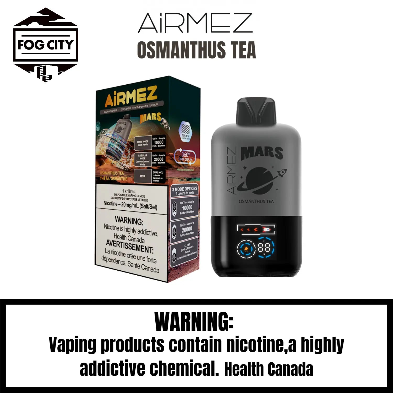 AirMez Mars 20K Puffs with ECO Mode Disposable Vape Osmanthus Tea Flavor - Cool LED, Authentic Flavor, Available at Fog City Vape