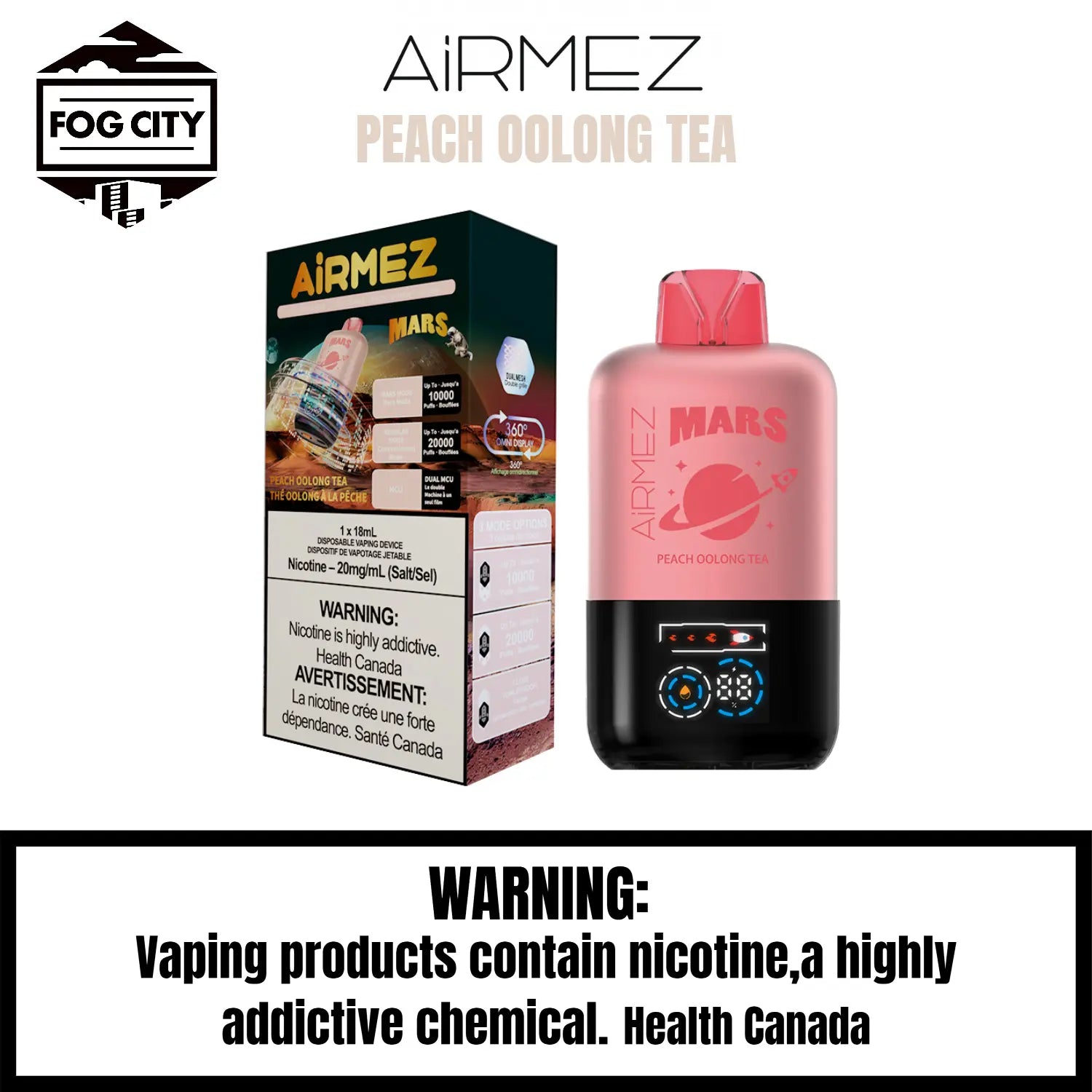 AirMez Mars 20K Puffs with ECO Mode Disposable Vape Peach Oolong Flavor - Cool LED, Authentic Flavor, Available at Fog City Vape