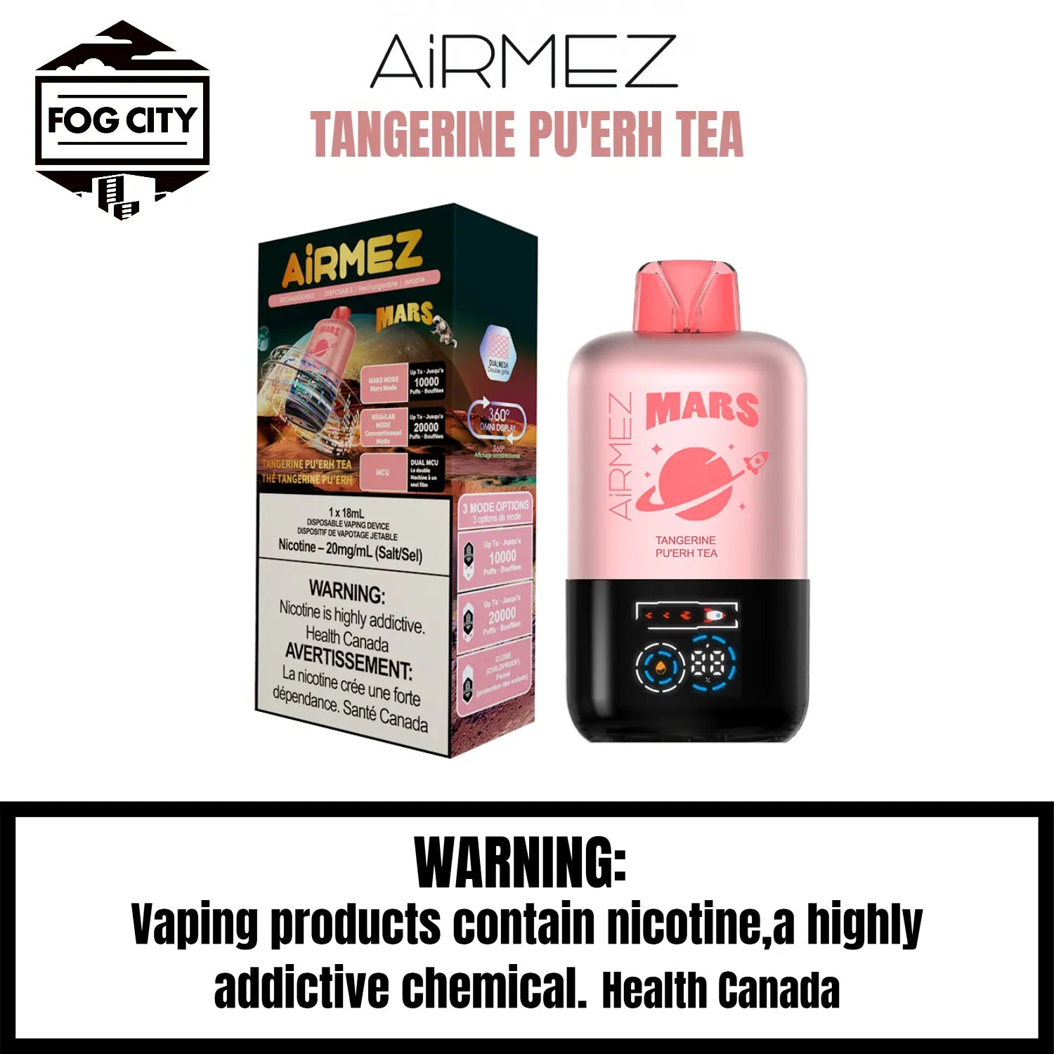AirMez Mars 20K Puffs with ECO Mode Disposable Vape Tangerine Pu'erh Tea Flavor - Cool LED, Authentic Flavor, Available at Fog City Vape