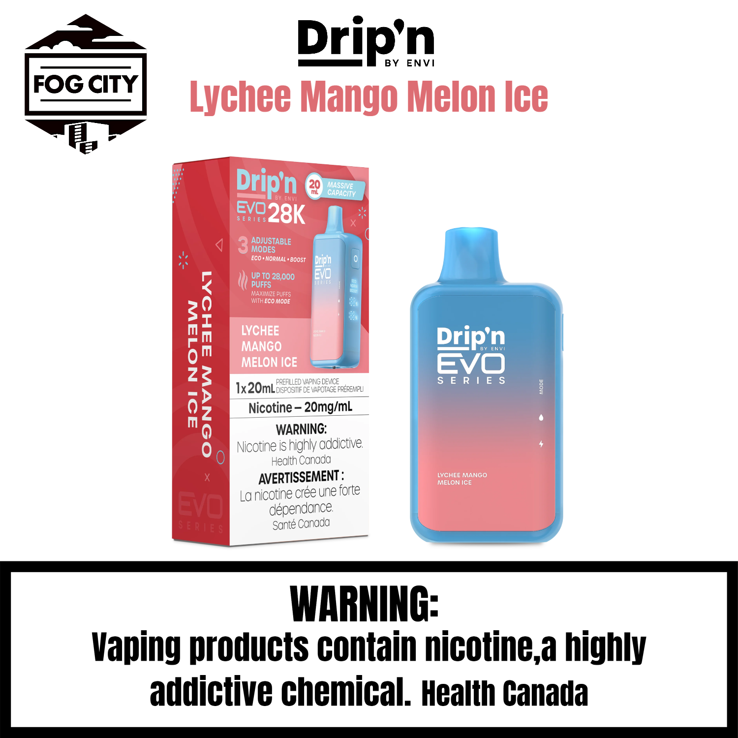 Drip N Evo 28k Disposable VAPE Fog City Flavour Lychee Mango Melon Ice
