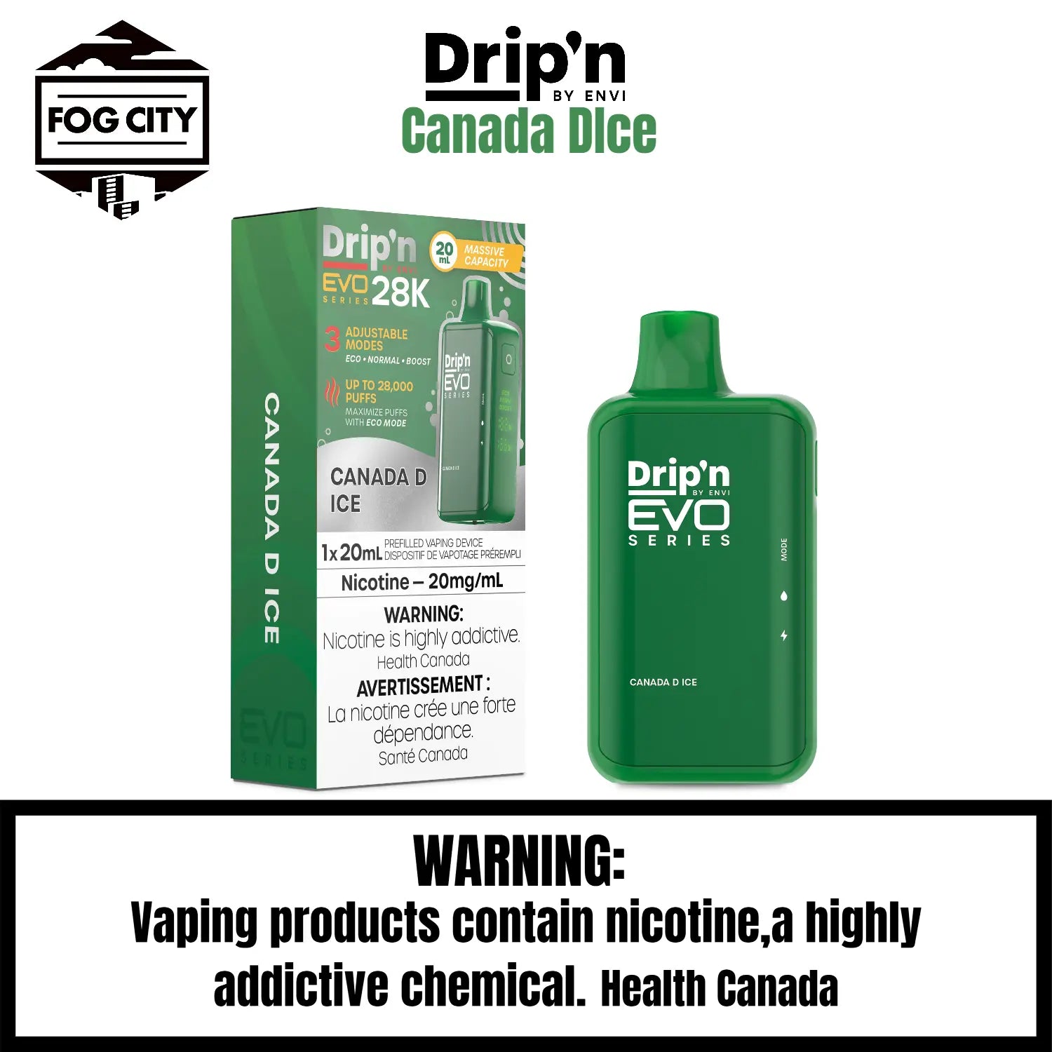 Drip's EVO Disposable Vape 28K Puffs with Eco Mode Canada D Ice Flavor - Refreshing and Cool with Classic Canadian Taste, Available at Fog City Vape