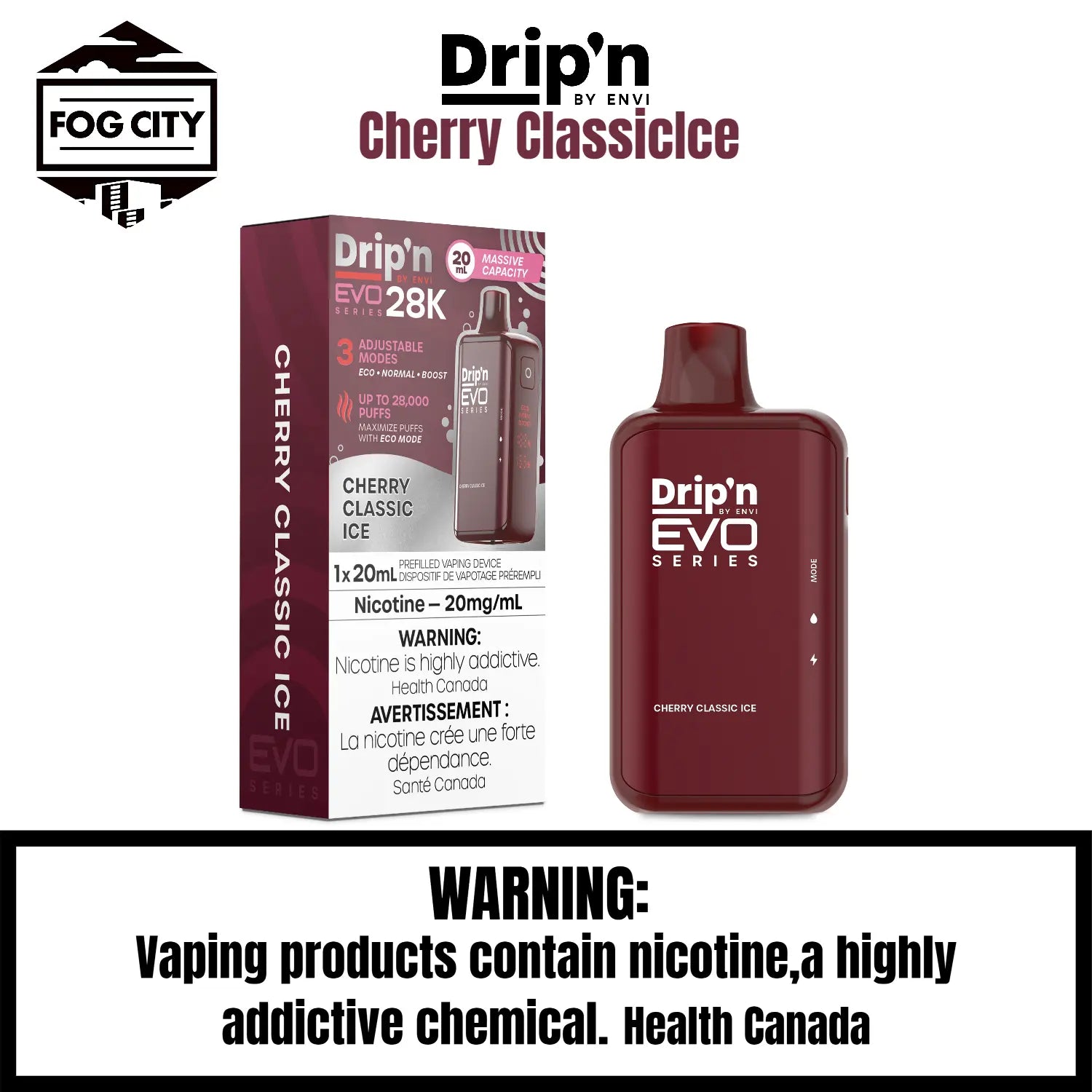 Drip's EVO Disposable Vape 28K Puffs with Eco Mode Cherry Classic Ice Flavor - Fruity with a Cool Icy Finish, Available at Fog City Vape