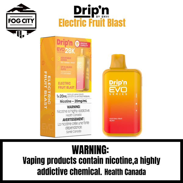 Drip's EVO Disposable Vape 28K Puffs with Eco Mode Electric Fruit Blast Flavor - Vibrant and Fruity Flavor Explosion, Available at Fog City Vape