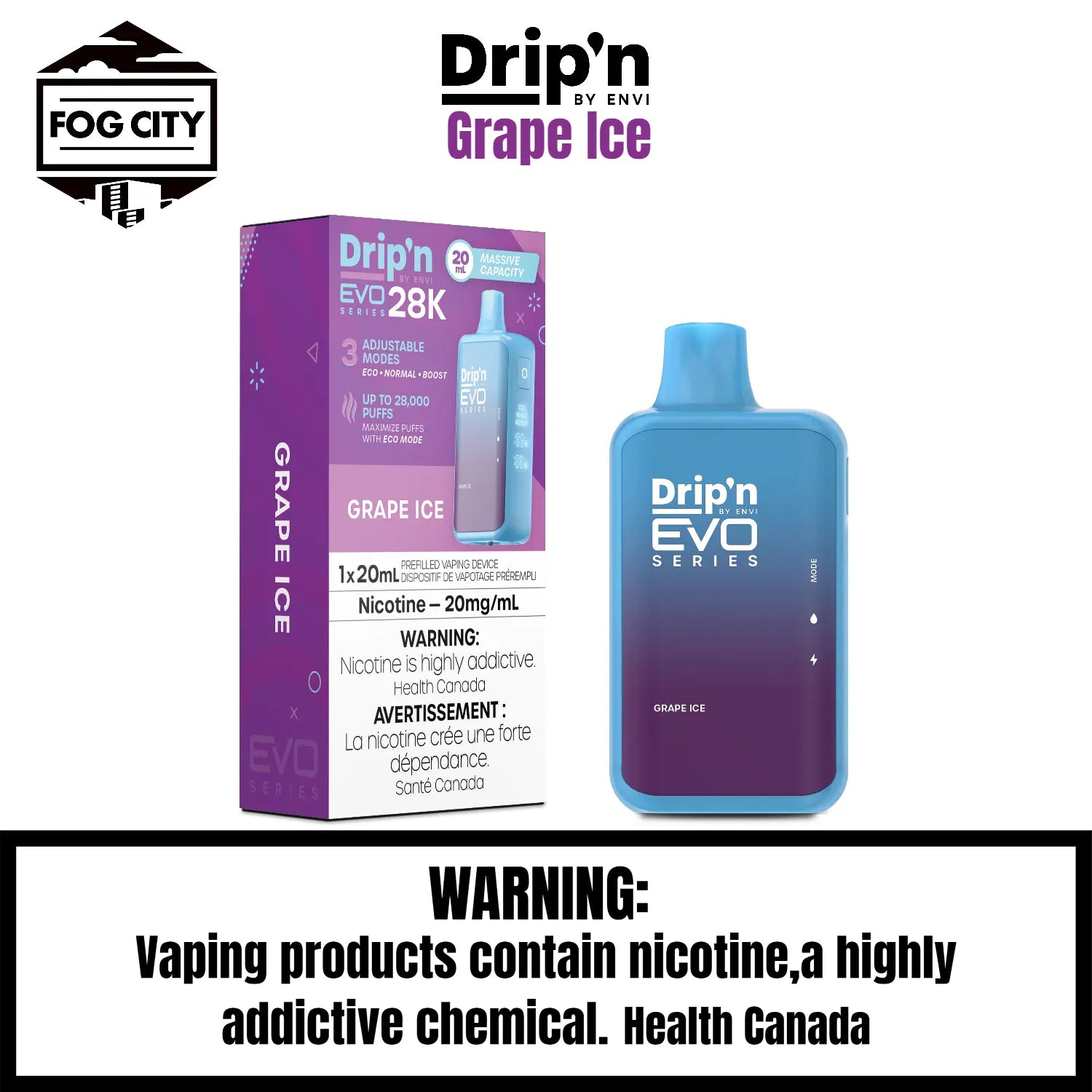 Drip's EVO Disposable Vape 28K Puffs with Eco Mode Grape Ice Flavor - Sweet Grape with a Cool Icy Finish, Available at Fog City Vape