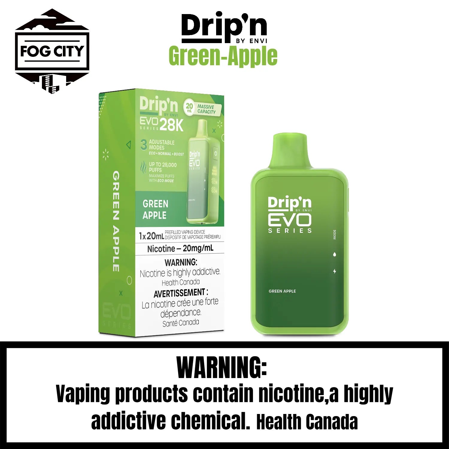 Drip's EVO Disposable Vape 28K Puffs with Eco Mode Green Apple Flavor - Crisp and Refreshing Apple Taste, Available at Fog City Vape