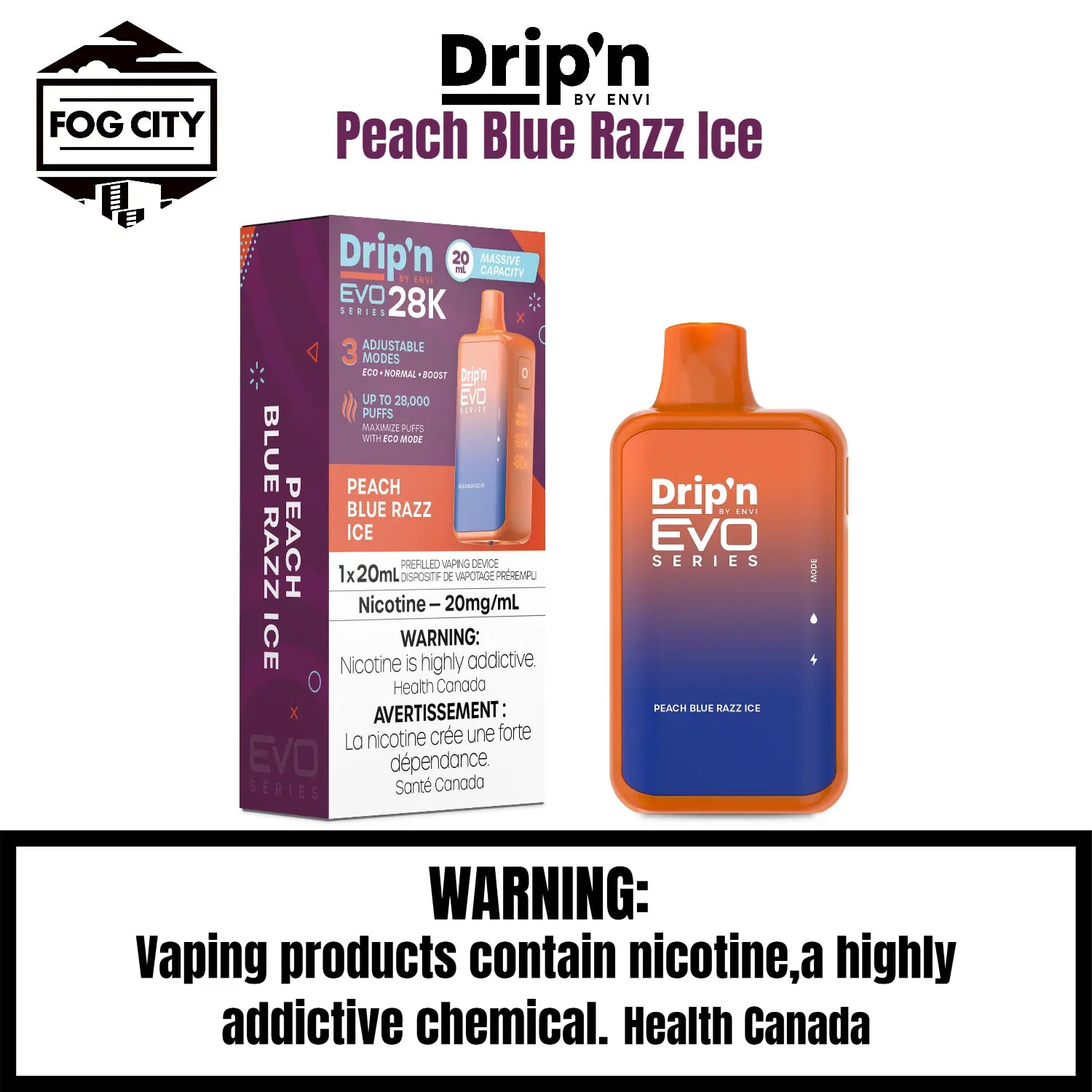 Drip's EVO Disposable Vape 28K Puffs with Eco Mode Peach Blue Razz Ice Flavor - Sweet Peach and Blue Raspberry with a Cool Finish, Available at Fog City Vape