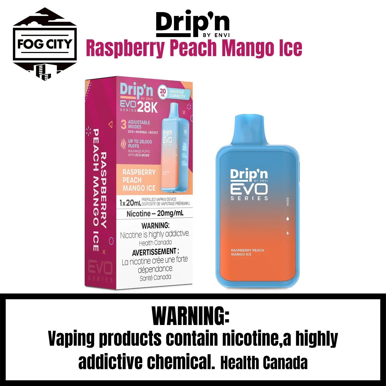 Drip's EVO Disposable Vape 28K Puffs with Eco Mode Raspberry Peach Mango Ice Flavor - Fruity Blend with a Refreshing Icy Twist, Available at Fog City Vape