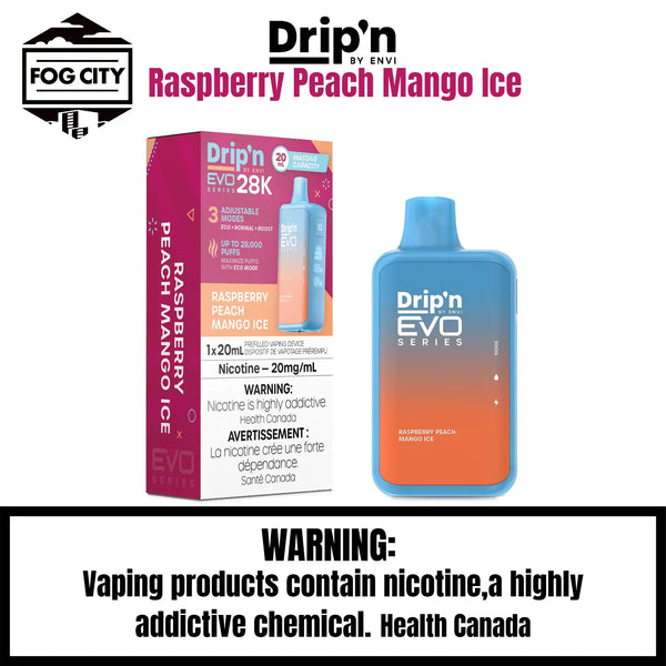 Drip's EVO Disposable Vape 28K Puffs with Eco Mode Raspberry Peach Mango Ice Flavor - Fruity Blend with a Refreshing Icy Twist, Available at Fog City Vape