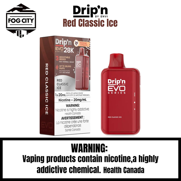 Drip's EVO Disposable Vape 28K Puffs with Eco Mode Red Classic Ice Flavor - Classic Fruity Taste with a Cool Icy Finish, Available at Fog City Vape