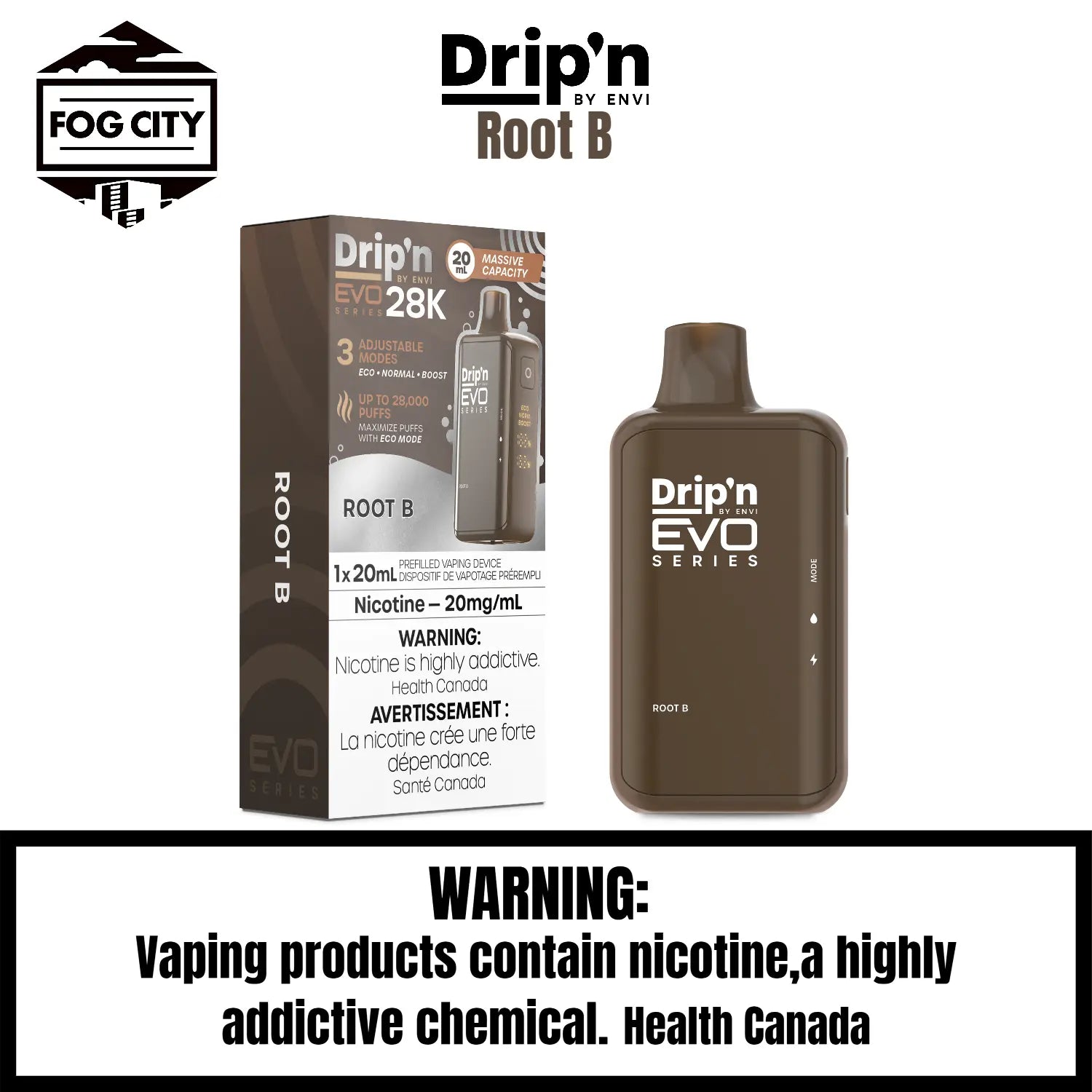 Drip's EVO Disposable Vape 28K Puffs with Eco Mode Root B Flavor - Classic Root Beer Taste with a Fruity Twist, Available at Fog City Vape