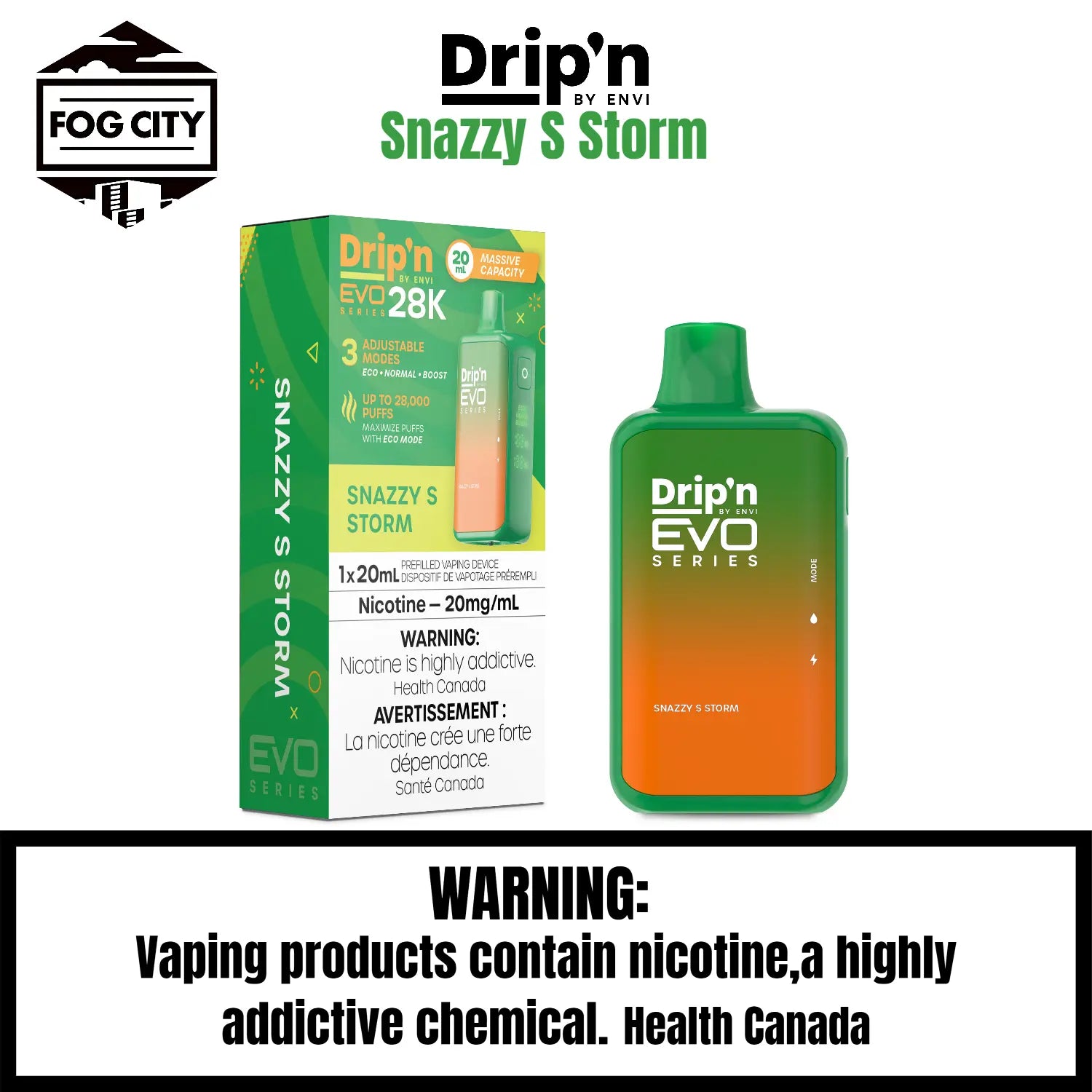 Drip's EVO Disposable Vape 28K Puffs with Eco Mode Snazzy S Storm Flavor - Unique Fruity Blend with a Bold Flavor, Available at Fog City Vape