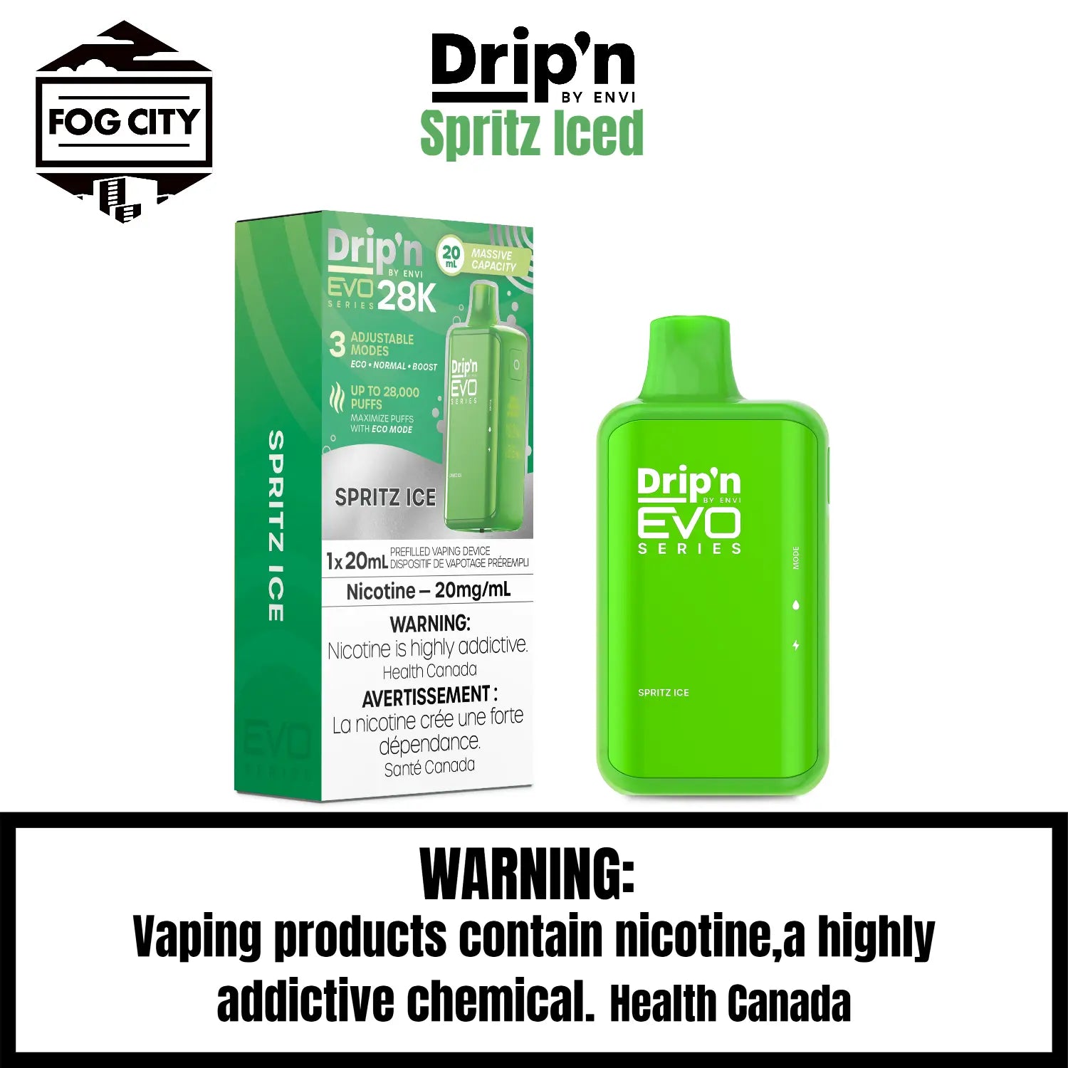 Drip's EVO Disposable Vape 28K Puffs with Eco Mode Spritz Iced Flavor - Sparkling Citrus with a Cool Icy Finish, Available at Fog City Vape