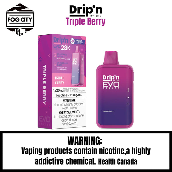 Drip's EVO Disposable Vape 28K Puffs with Eco Mode Triple Berry Flavor - Rich Blend of Berries with Fruity Intensity, Available at Fog City Vape