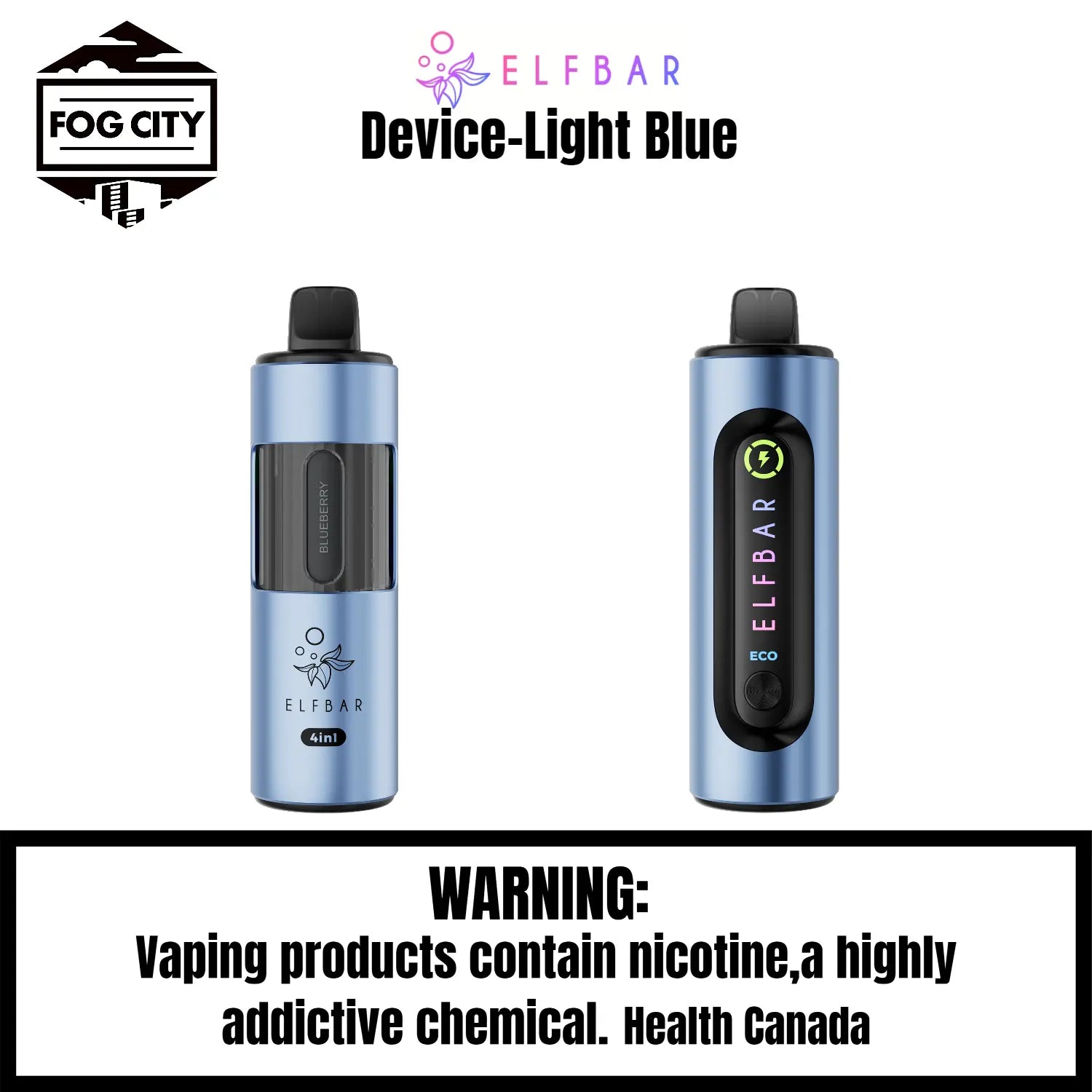 Elf Bar 4 in 1 Pod System Vape-Device Light Blue - Holds 4 Different Pods, Available at Fog City Vape