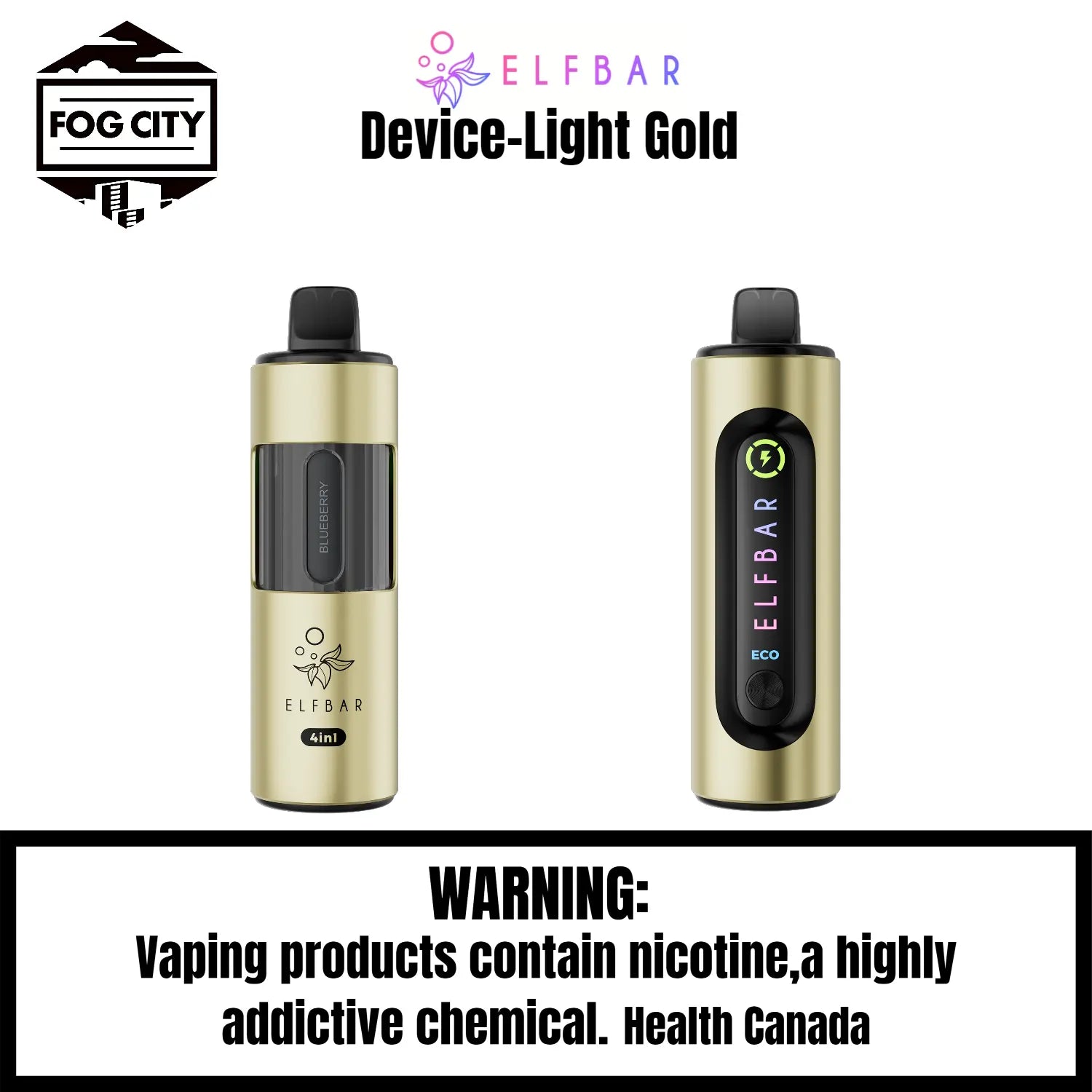 Elf Bar 4 in 1 Pod System Vape-Device Light Gold - Holds 4 Different Pods, Available at Fog City Vape