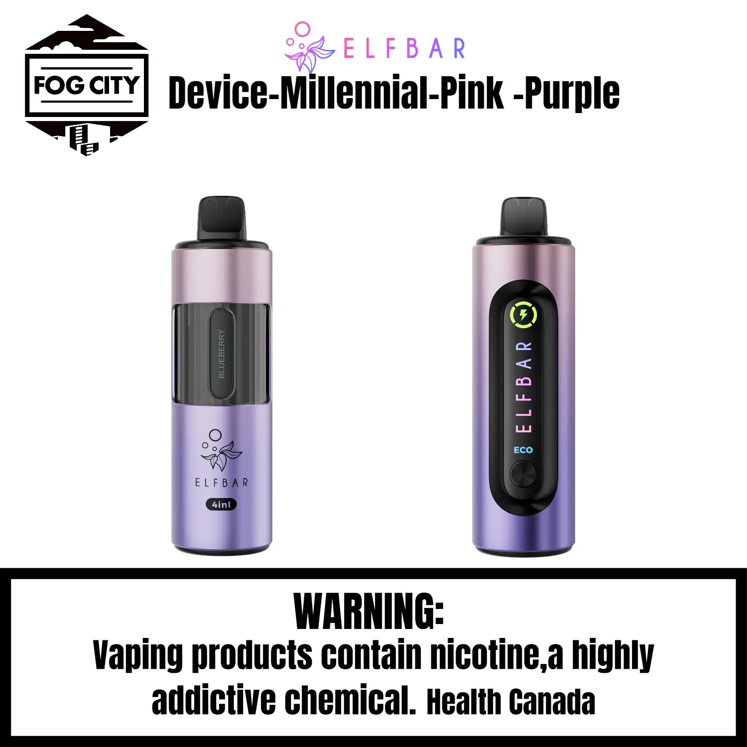 Elf Bar 4 in 1 Pod System Vape-Device Millennial Pink Purple - Holds 4 Different Pods, Available at Fog City Vape