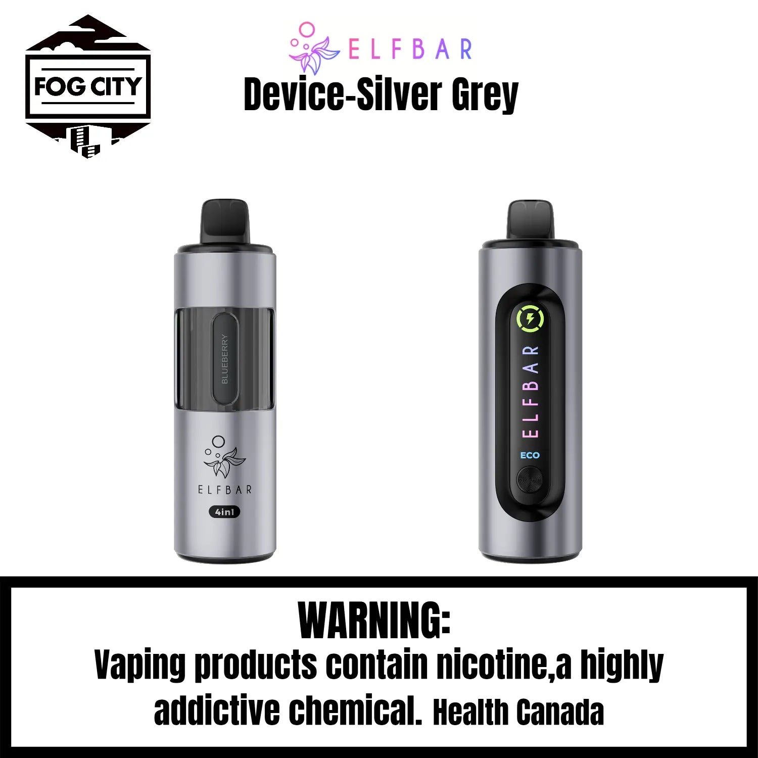 Elf Bar 4 in 1 Pod System Vape-Device Silver Grey - Holds 4 Different Pods, Available at Fog City Vape