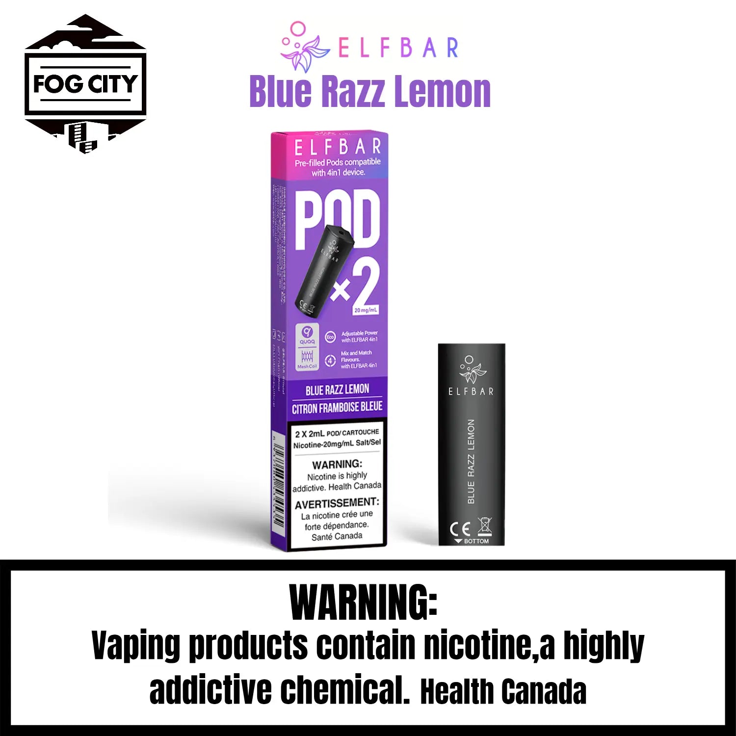 Elf Bar 4 in 1 Pod System Vape with 2x2ml Pods Blueberry Flavor - Affordable and Fruity, Available at Fog City Vape