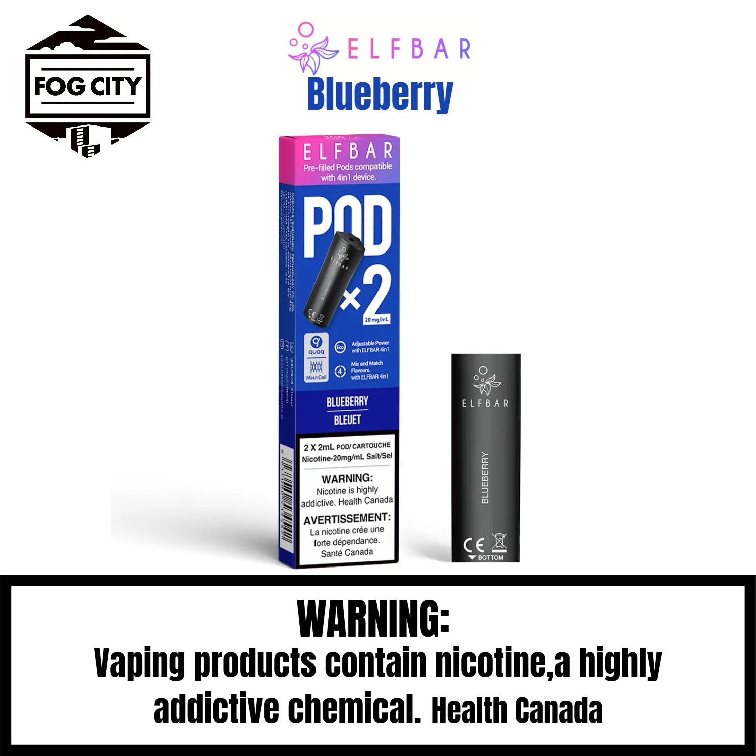 Elf Bar 4 in 1 Pod System Vape with 2x2ml Pods Blueberry Flavor - Affordable and Fruity, Available at Fog City Vape