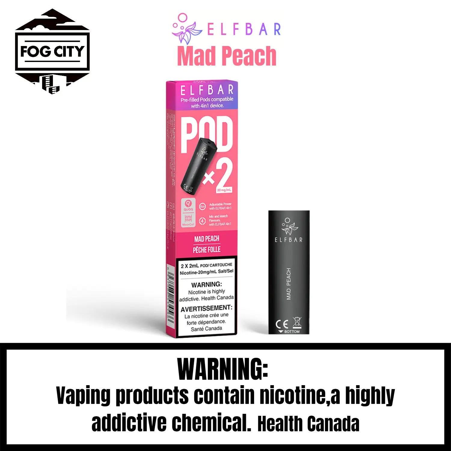 Elf Bar 4 in 1 Pod System Vape with 2x2ml Pods Mad Peach Flavor - Affordable and Fruity, Available at Fog City Vape