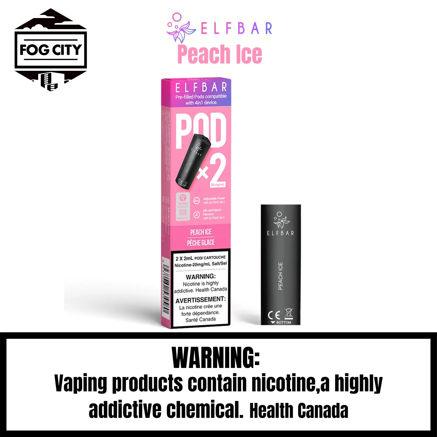 Elf Bar 4 in 1 Pod System Vape with 2x2ml Pods Peach Ice Flavor - Affordable and Fruity, Available at Fog City Vape