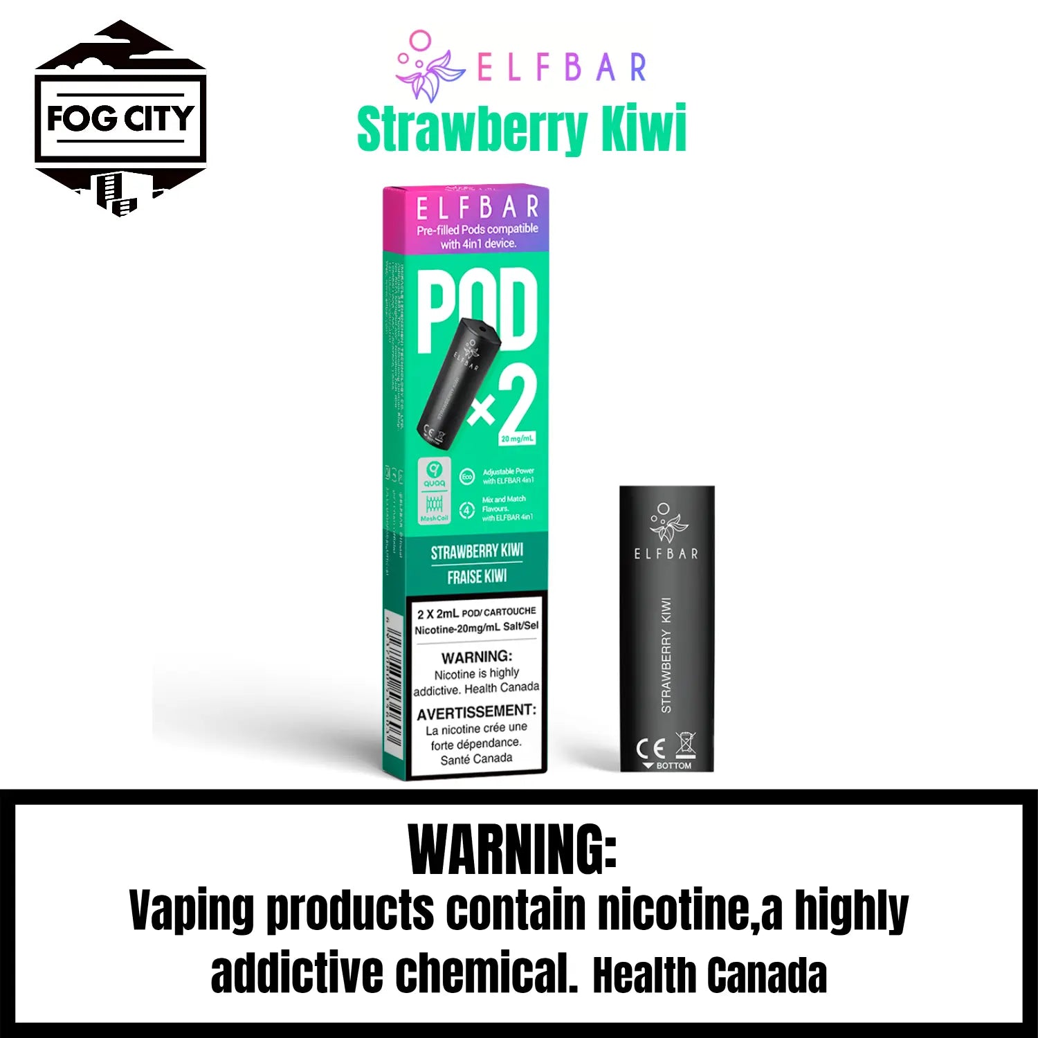 Elf Bar 4 in 1 Pod System Vape with 2x2ml Pods Strawberry Kiwi Flavor - Affordable and Fruity, Available at Fog City Vape