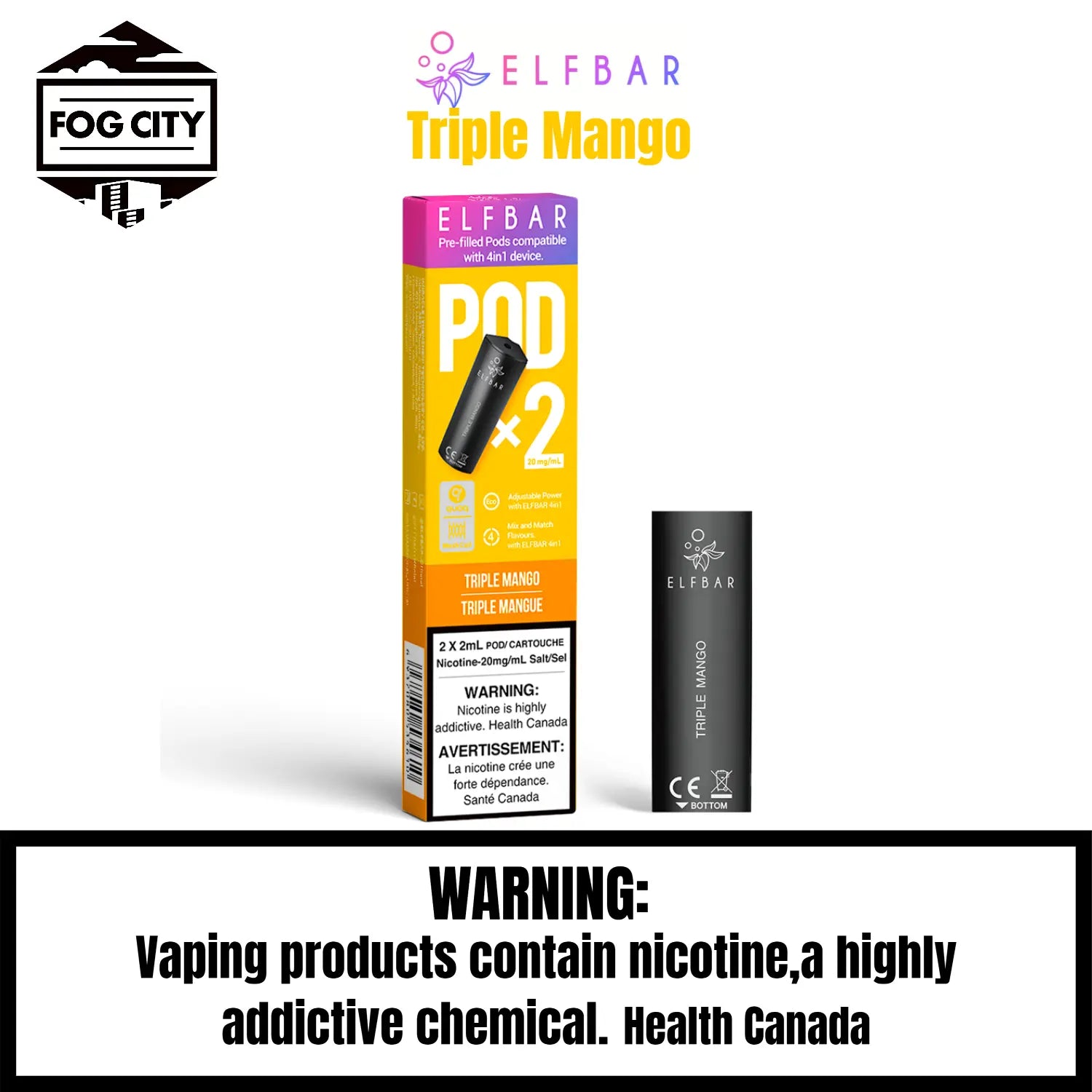 Elf Bar 4 in 1 Pod System Vape with 2x2ml Pods Triple Mango Flavor - Affordable and Fruity, Available at Fog City Vape