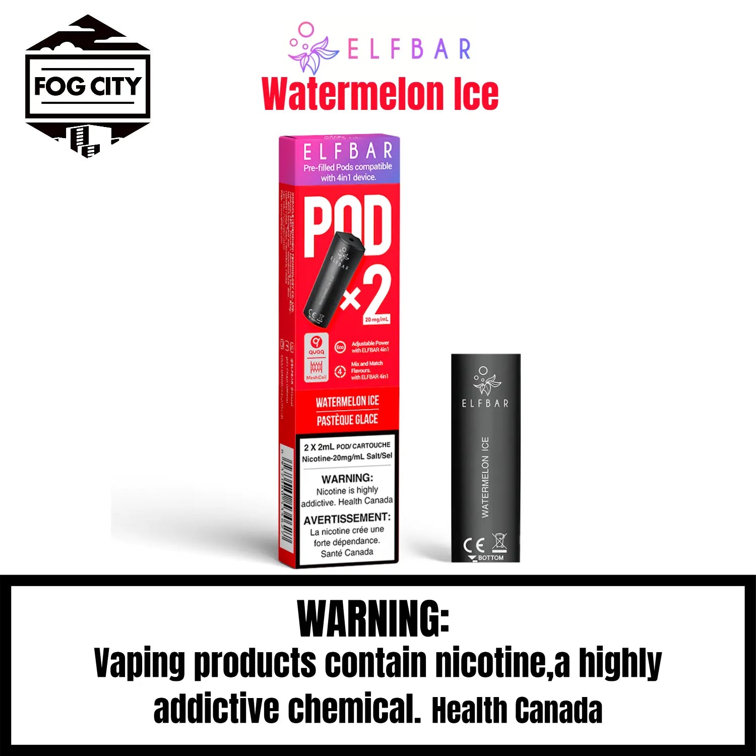 Elf Bar 4 in 1 Pod System Vape with 2x2ml Pods Watermelon Ice Flavor - Affordable and Fruity, Available at Fog City Vape