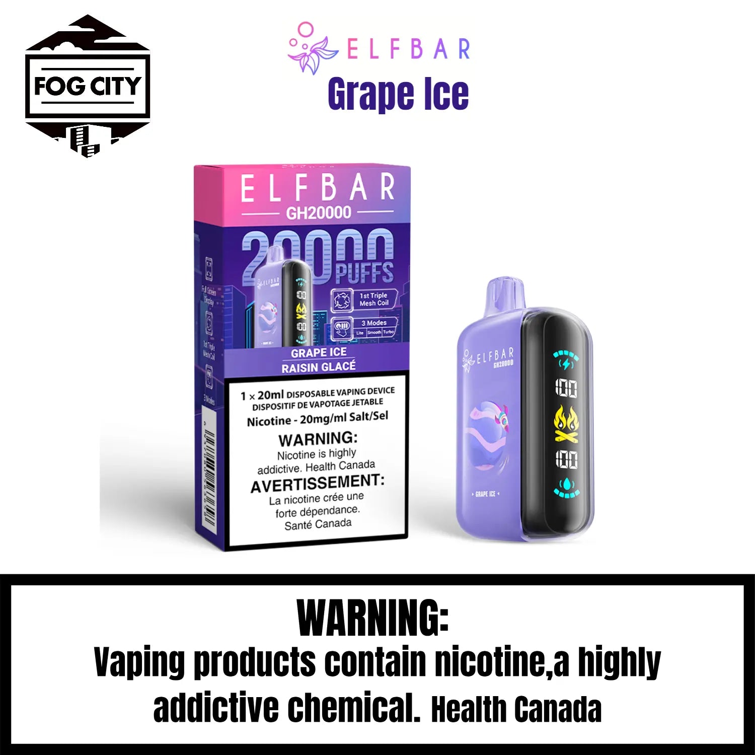 Elf BAR Gh20k Disposable VAPE 20k Puffs Flavor Grape Ice