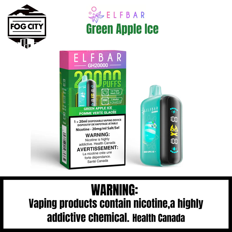 Elf Bar GH20K Disposable Vape 20K Puffs Green Apple Ice Flavor - High Puff Count, Fruity and Flavorful, Available at Fog City Vape