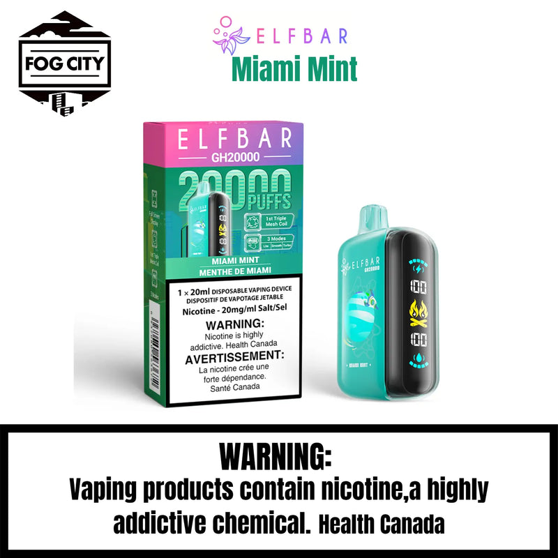 Elf Bar GH20K Disposable Vape 20K Puffs Miami Mint Flavor - High Puff Count, Refreshing and Cool, Available at Fog City Vape