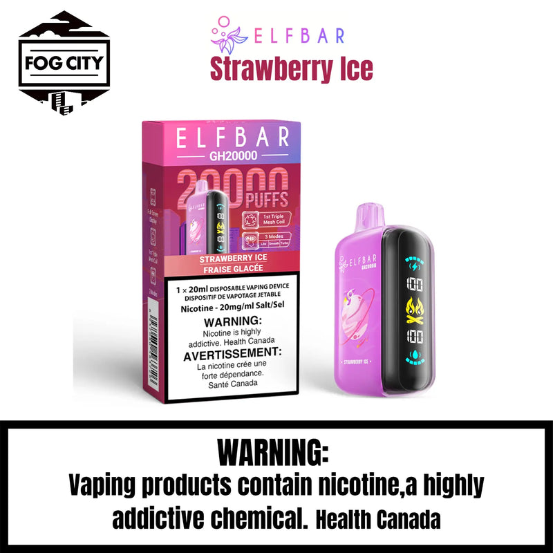 Elf Bar GH20K Disposable Vape 20K Puffs Strawberry Ice Flavor - High Puff Count, Fruity and Flavorful, Available at Fog City Vape