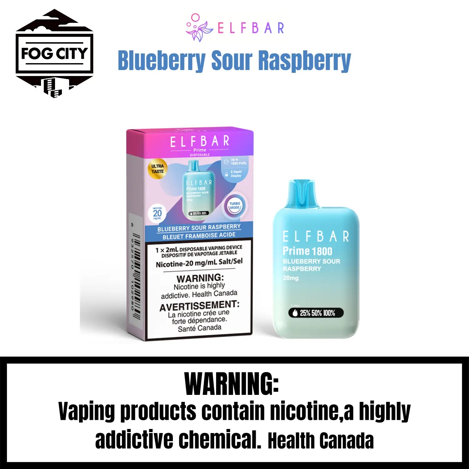 Elf BAR Prime 1800 Disposable VAPE Fog City Flavour Blueberry Sour Raspberry
