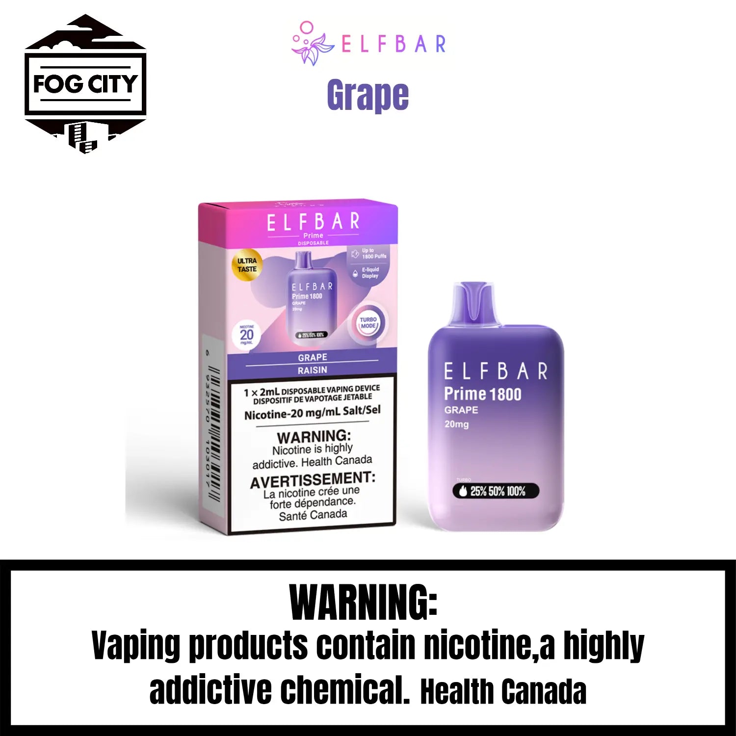 Elf BAR Prime 1800 Disposable VAPE Fog City Flavour Grape