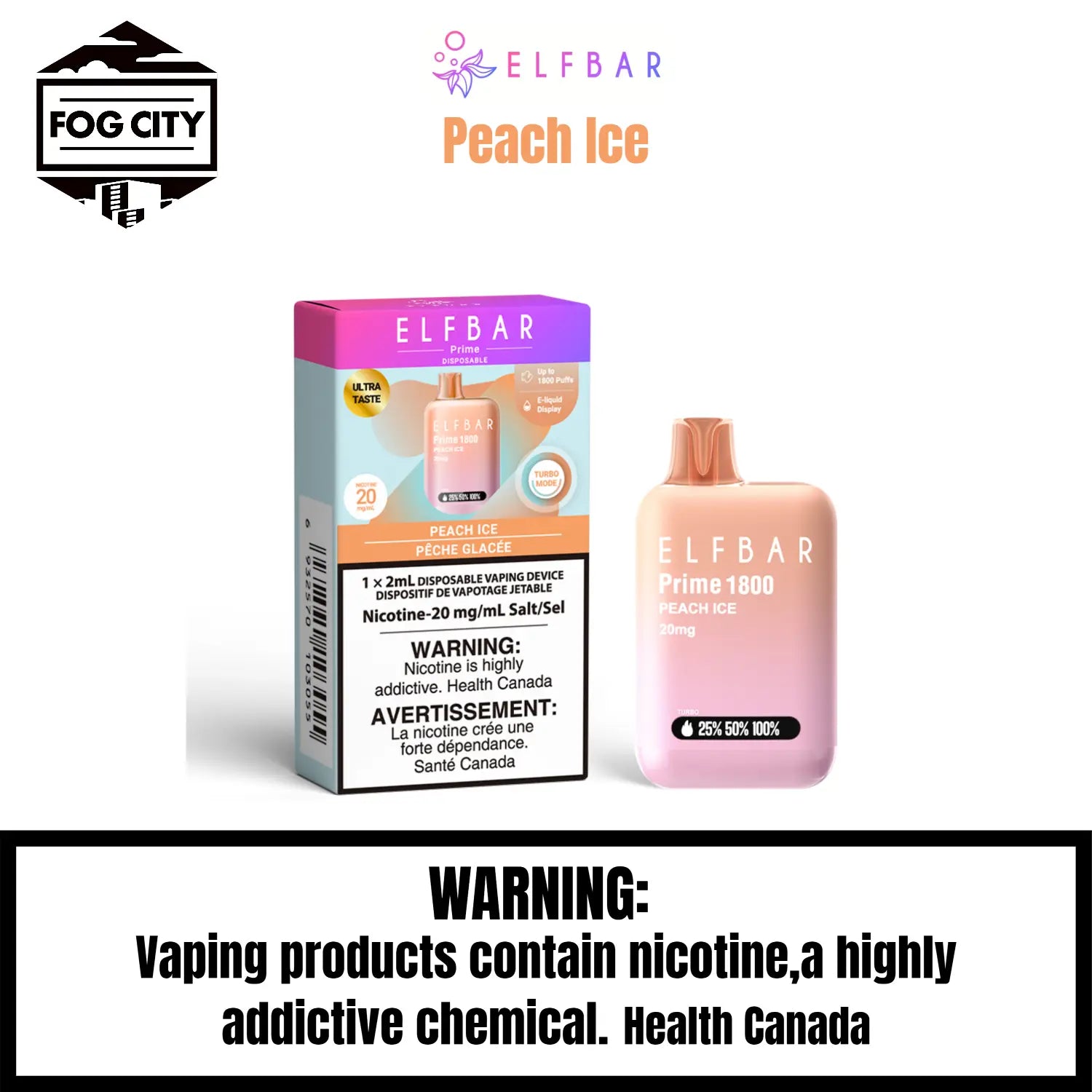 Elf BAR Prime 1800 Disposable VAPE Fog City Flavour Peach Ice