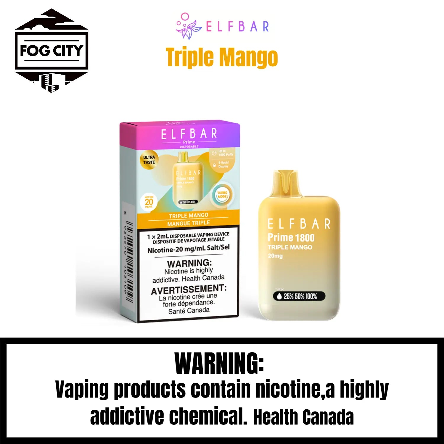 Elf BAR Prime 1800 Disposable VAPE Fog City Flavour Triple Mango