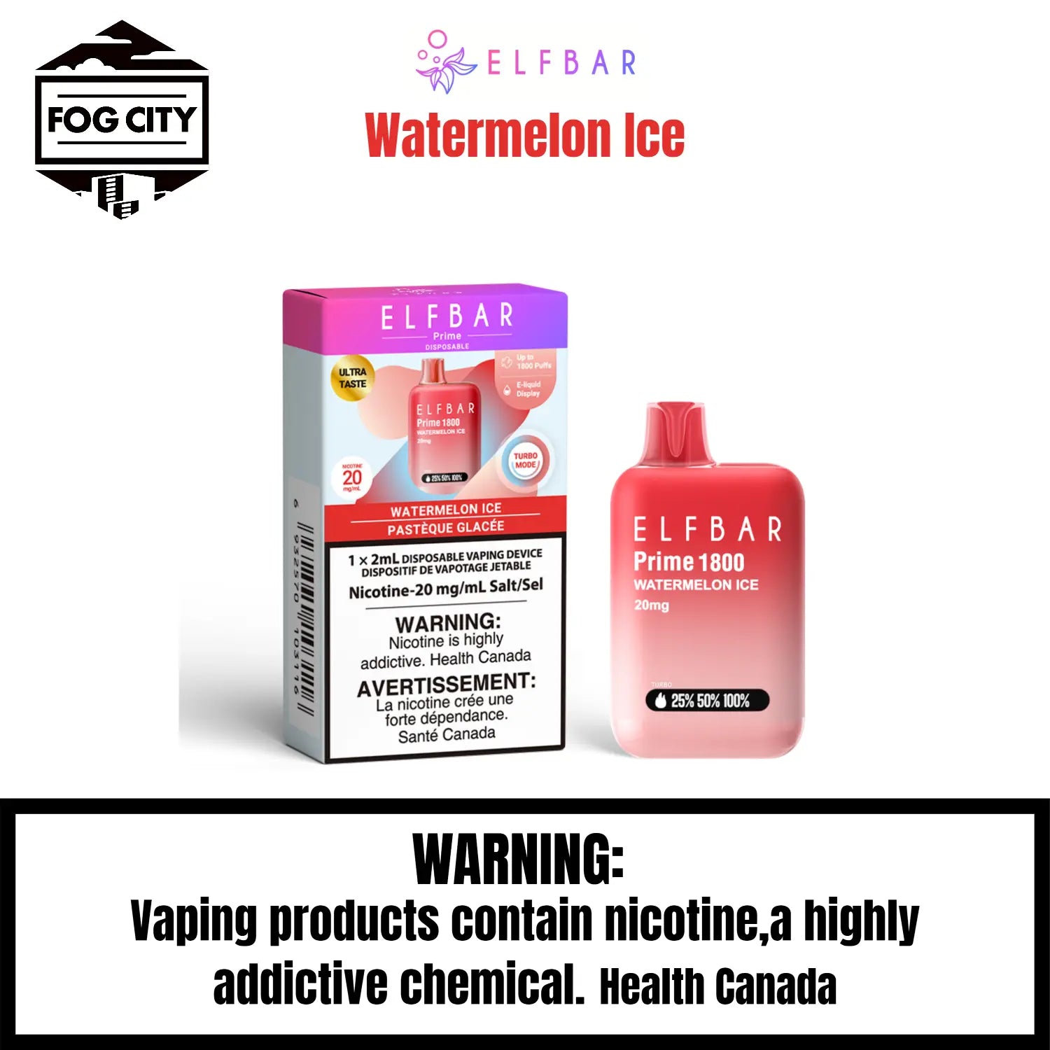 Elf BAR Prime 1800 Disposable VAPE Fog City Flavour Watermelon Ice