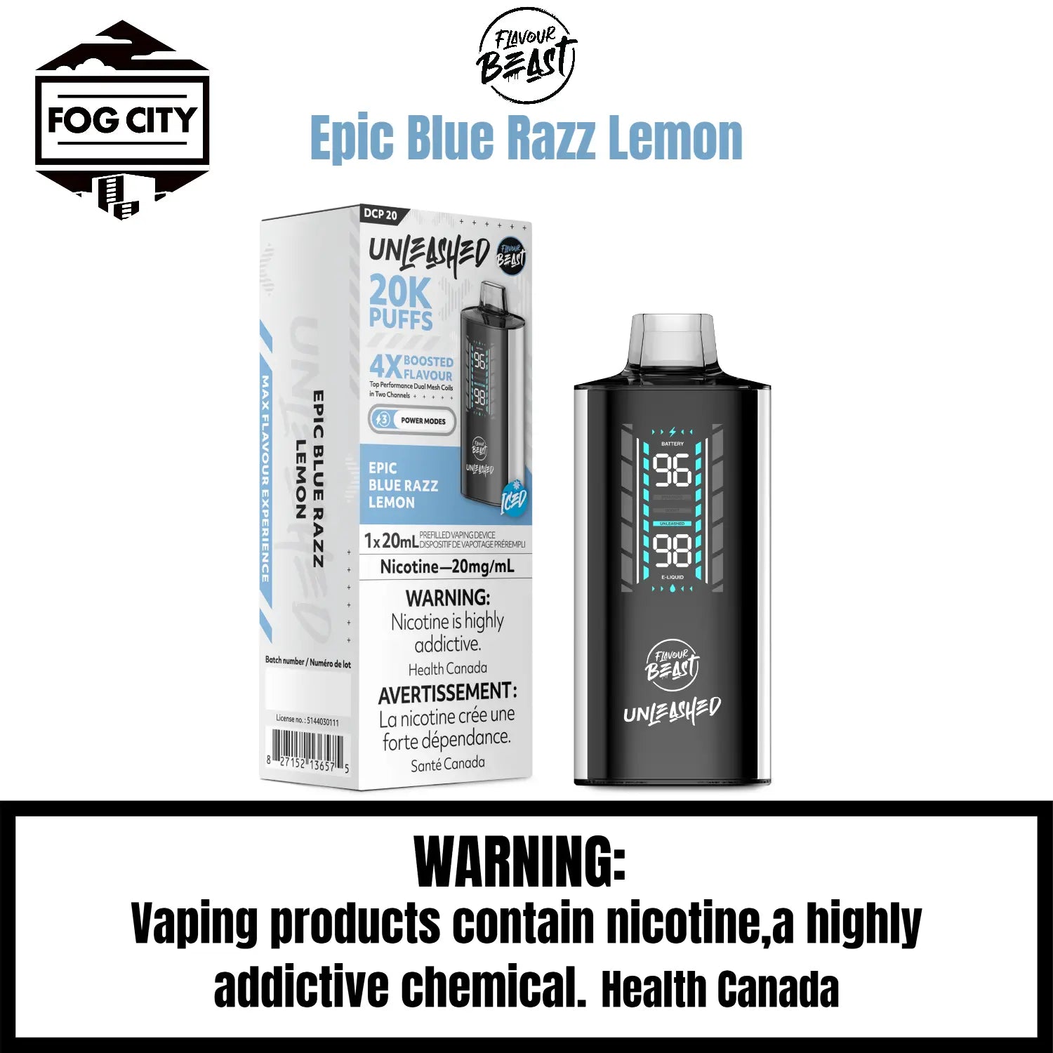 FLAVOUR BEAST Dcp Disposable Vape Fog City FLAVOUR Epic Blue Razz Lemon